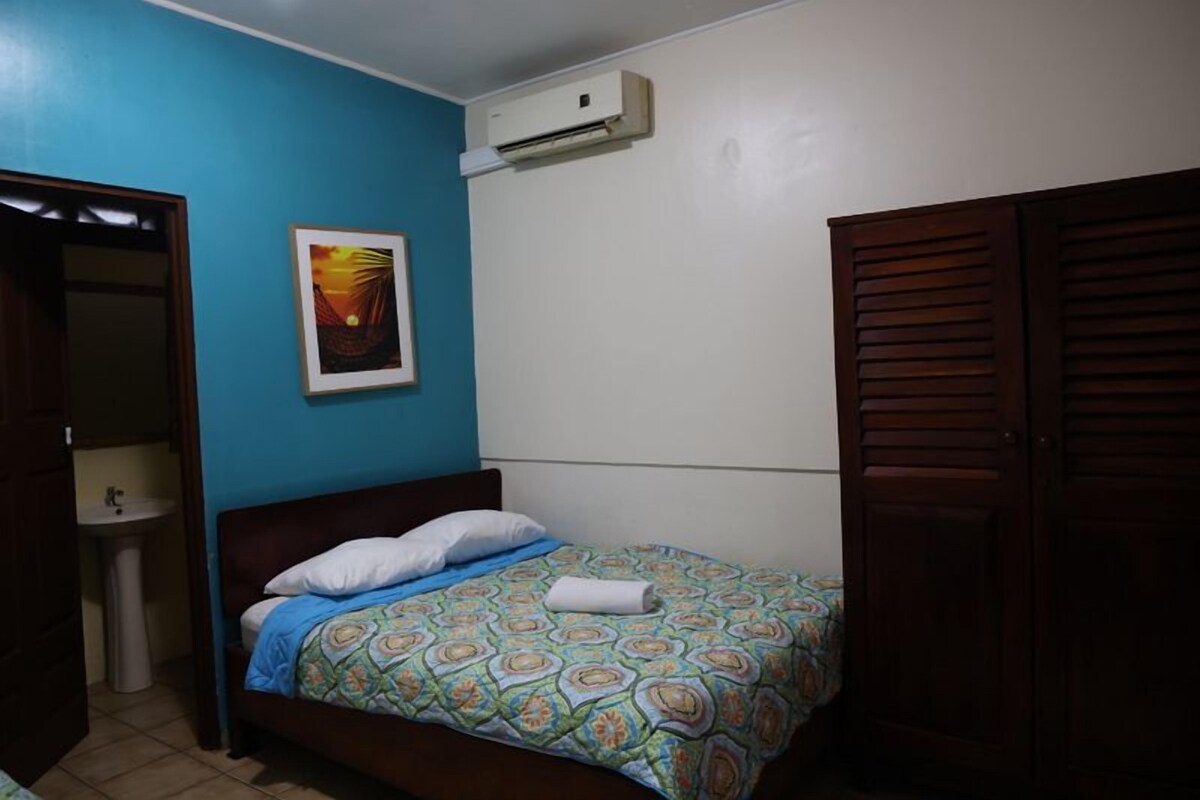 A bedroom with a bed, a wall-mounted air conditioner, a sink, and a door.