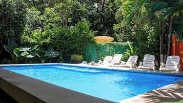 A rectangular pool with clear blue water, surrounded by lush greenery and white lounge chairs.