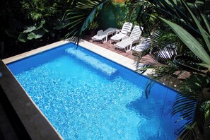 Piscina rectangular con agua azul cristalina, rodeada de sillas de descanso blancas y plantas en macetas.