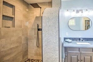 Hair dryer, towels, soap, shampoo