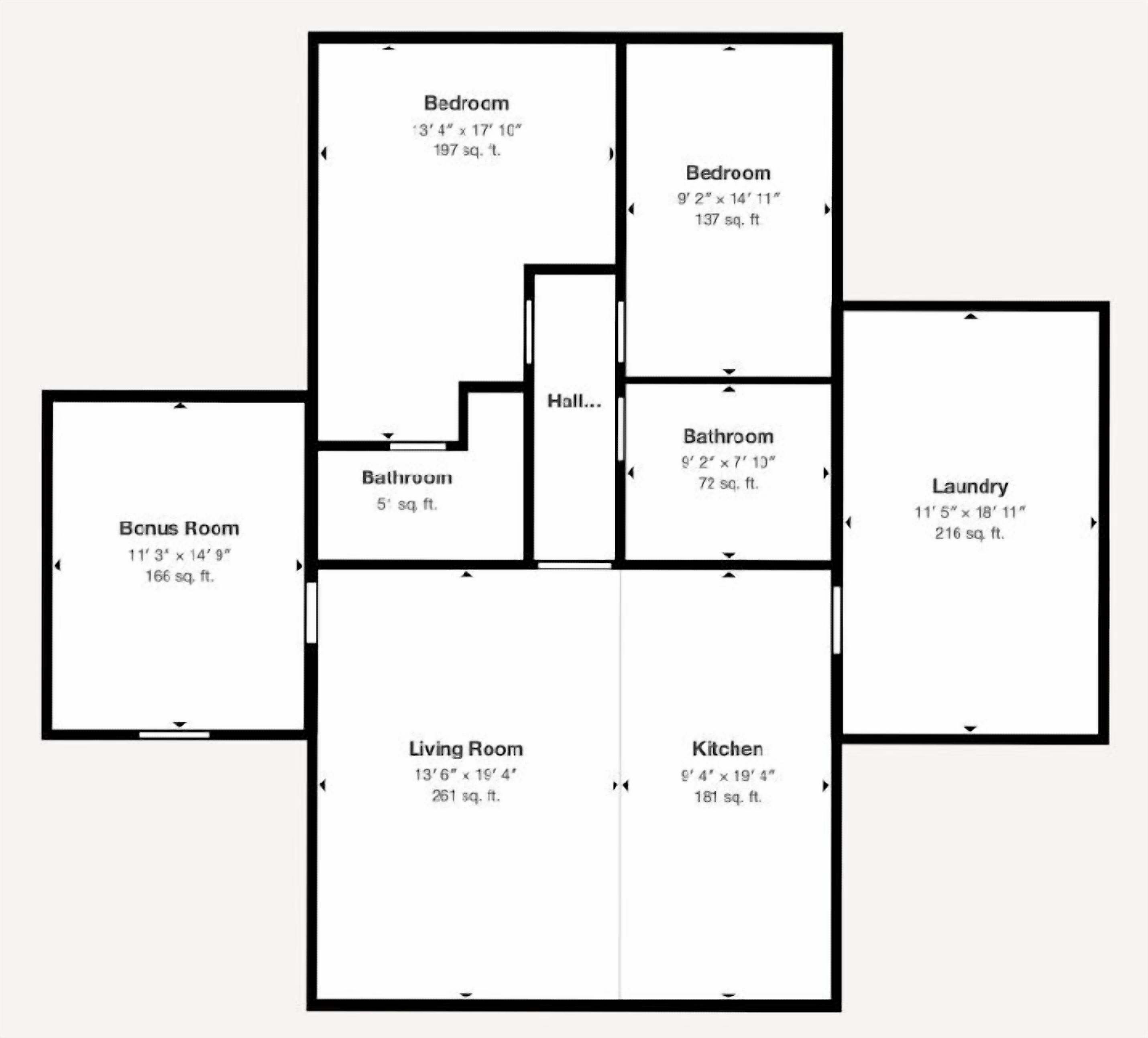 A floor plan with a living room, kitchen, two bedrooms, a bonus room, a bathroom, and a laundry area.