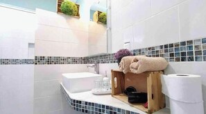 Sèche-cheveux, serviettes fournies, savon, papier toilette