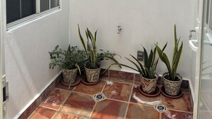 A small, enclosed outdoor area with a window, a wall-mounted light fixture, and several potted plants.