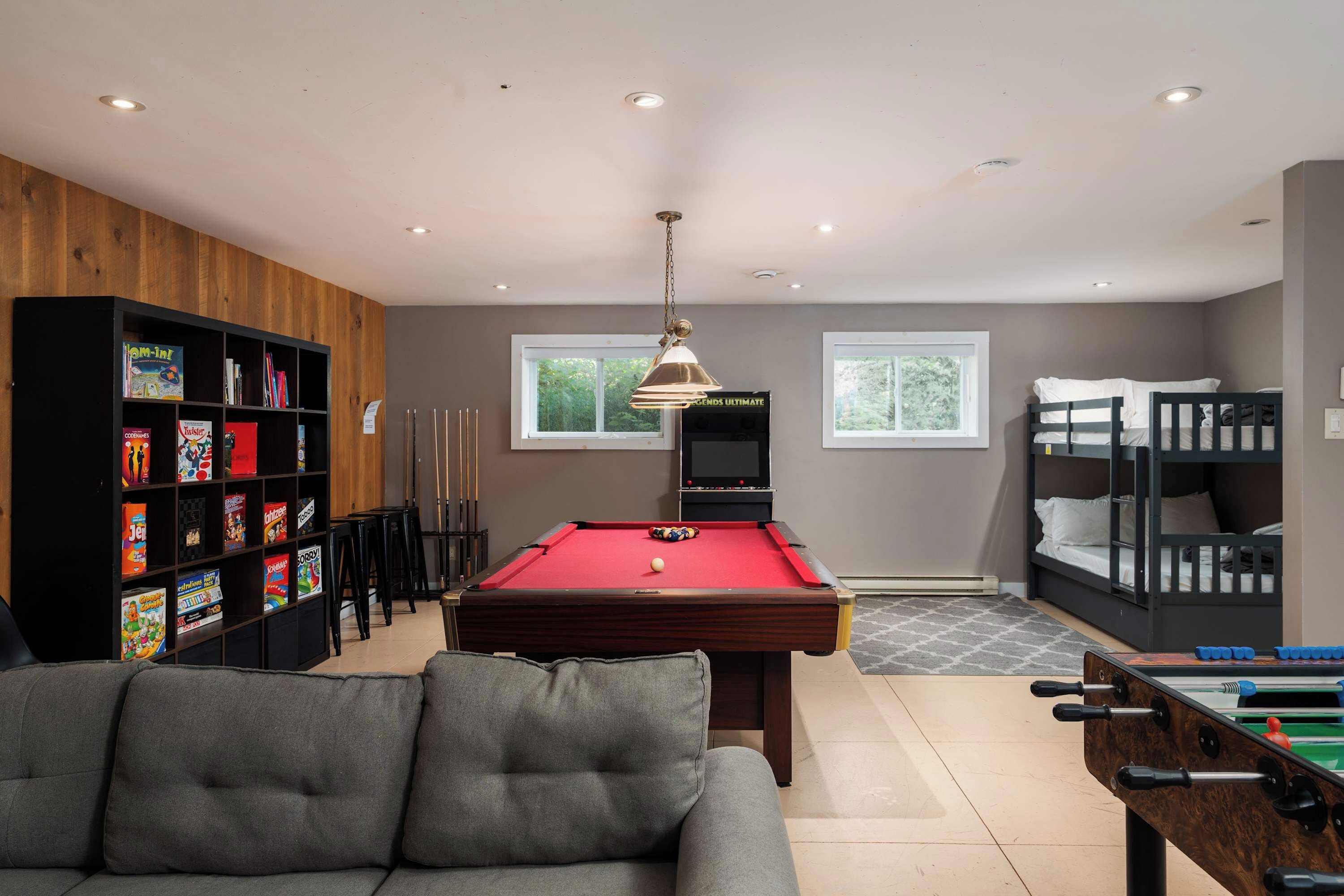 Our basement features black out blinds so everyone can sleep late after hours of game room fun!