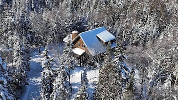 Una cabaña rodeada de árboles cubiertos de nieve.