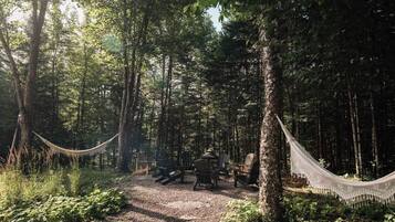 A forested area with a hammock, seating area, and a path.