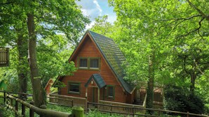 A wooden cabin surrounded by lush greenery, with a wooden deck and a staircase leading up to the entrance. - Lodge 68 - Fern Gully (Newton Abbot)