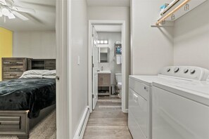 Hair dryer, towels, soap, shampoo