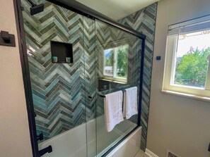 Hair dryer, towels, soap, toilet paper