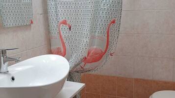 Douche, sĂšche-cheveux, bidet, serviettes fournies