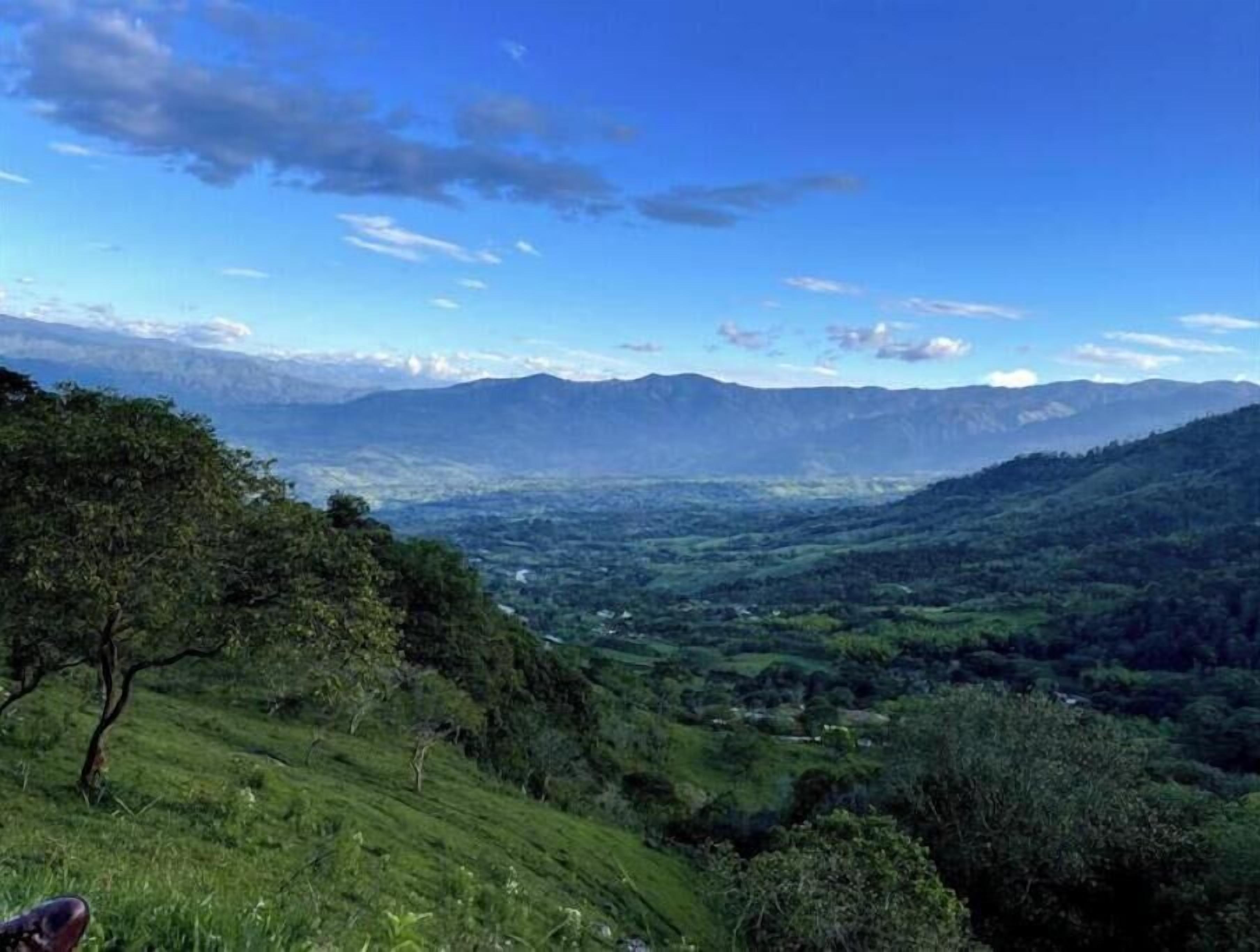 Una vista panorámica de un paisaje montañoso con vegetación exuberante y montañas distantes bajo un cielo despejado.