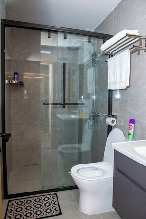 Regadera, bidet, toallas, jabón