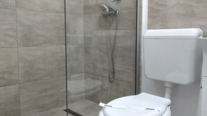 A modern bathroom with a glass-enclosed shower, a white toilet, and a visible toilet paper holder.