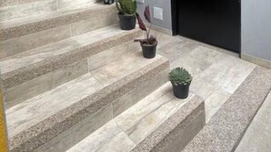 A staircase with potted plants, a black door, and a grey wall. - Comfortable and spacious apartment in Usaquén Bogotá (Bogotá, D.C.)
