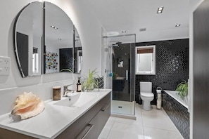 Hair dryer, towels, soap, toilet paper