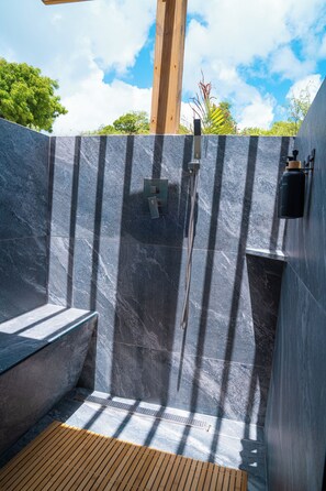 Shower, hair dryer, towels, soap