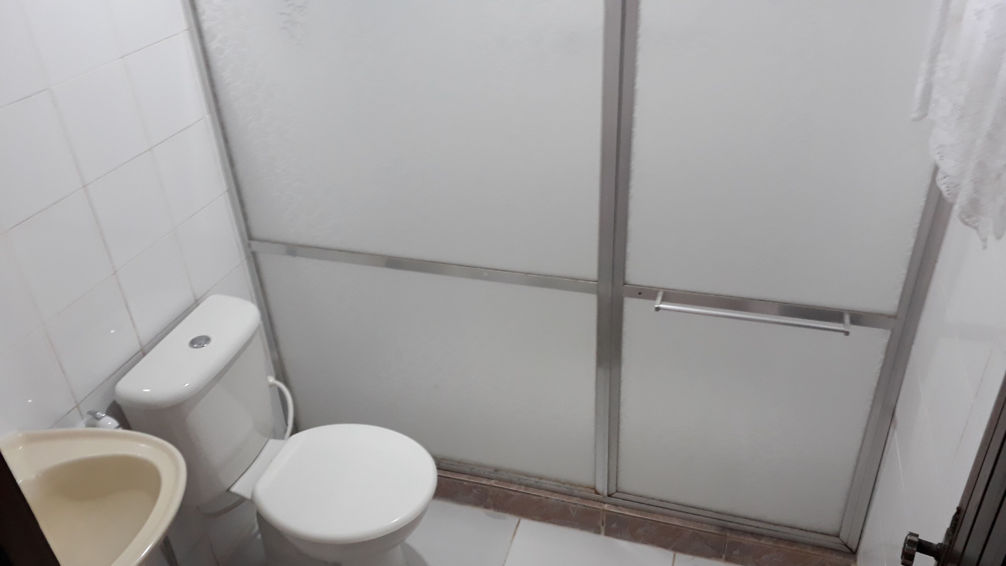 A small, enclosed shower area with a toilet and sink.