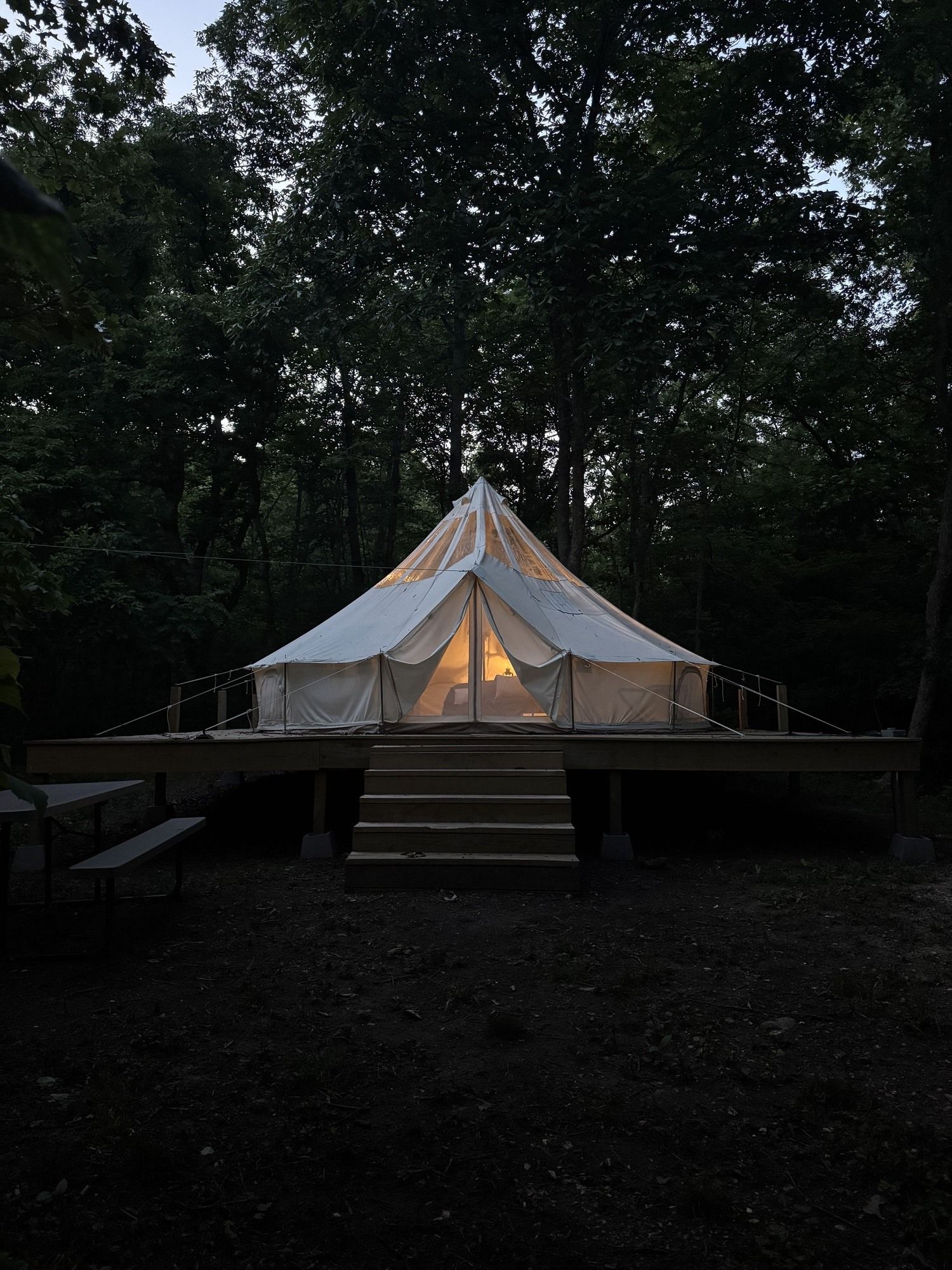 A tent with a platform and steps leading up to it, surrounded by trees.
