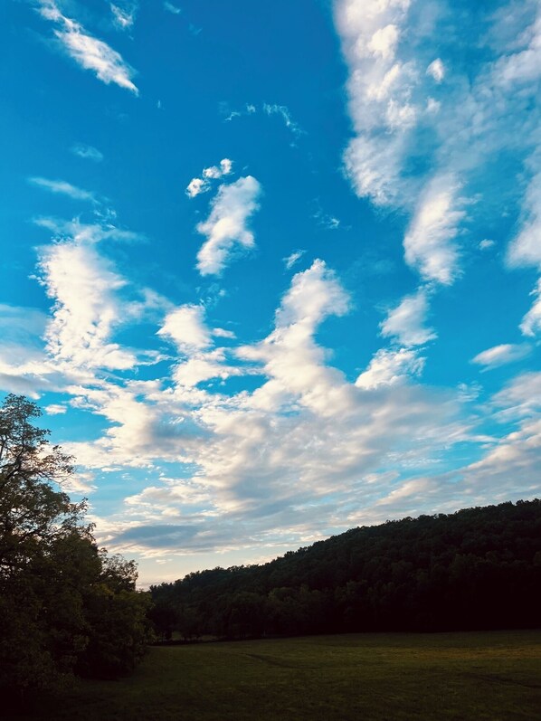 Cielo despejado con algunas nubes dispersas sobre un campo cubierto de hierba y una colina boscosa.