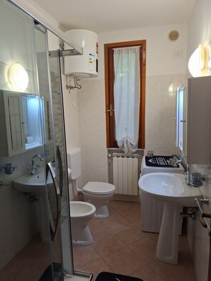 Regadera, secadora de cabello, bidet, toallas 
