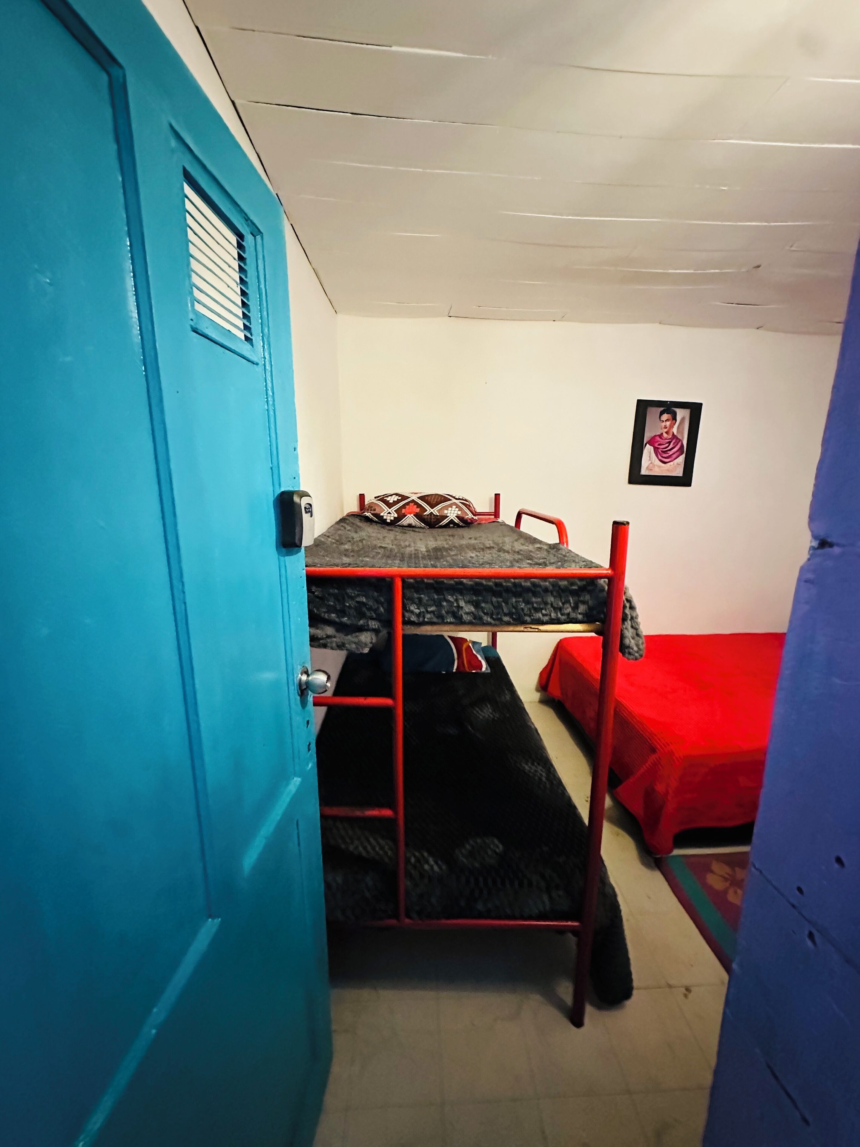 A dormitory room with bunk beds, a blue door, and a framed picture on the wall.