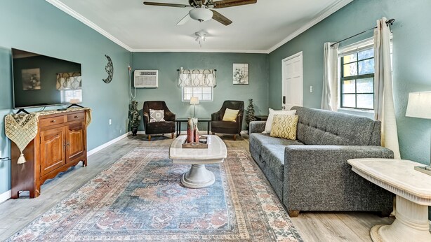 A living room with a ceiling fan, a patterned rug, a sofa, a coffee table, and a wooden cabinet. - Dock&Volleyball! Near Downtown - Canary Cottage (Savannah)