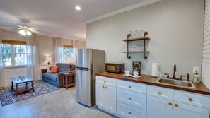 Fridge, microwave, coffee/tea maker, toaster