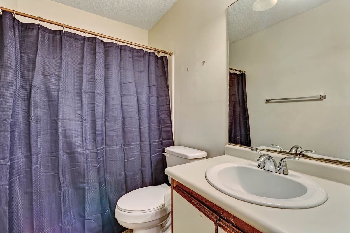 Une salle de bain avec des toilettes, un lavabo et un rideau de douche.