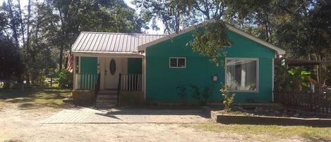 A small, single-story house with a green exterior and a metal roof, surrounded by trees.