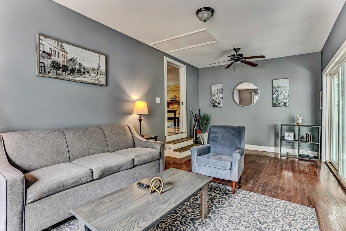 A living room with a grey sofa, a blue armchair, a wooden coffee table, and a patterned rug. There is a painting on the wall, a lamp, and a ceiling fan.