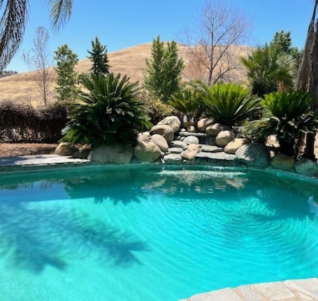 A clear blue pool surrounded by rocks and tropical plants.