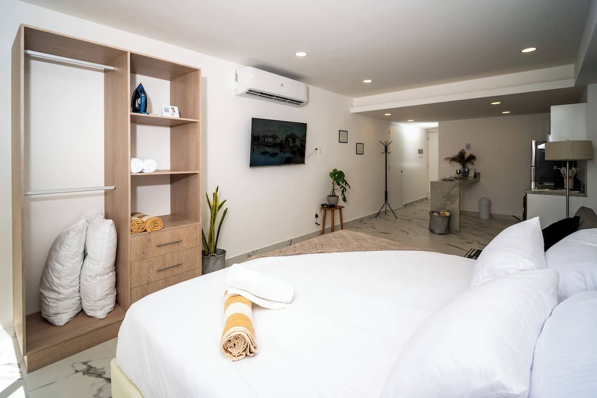 A hotel room with a large bed, a wardrobe, a flat-screen TV, a potted plant, and a small table.