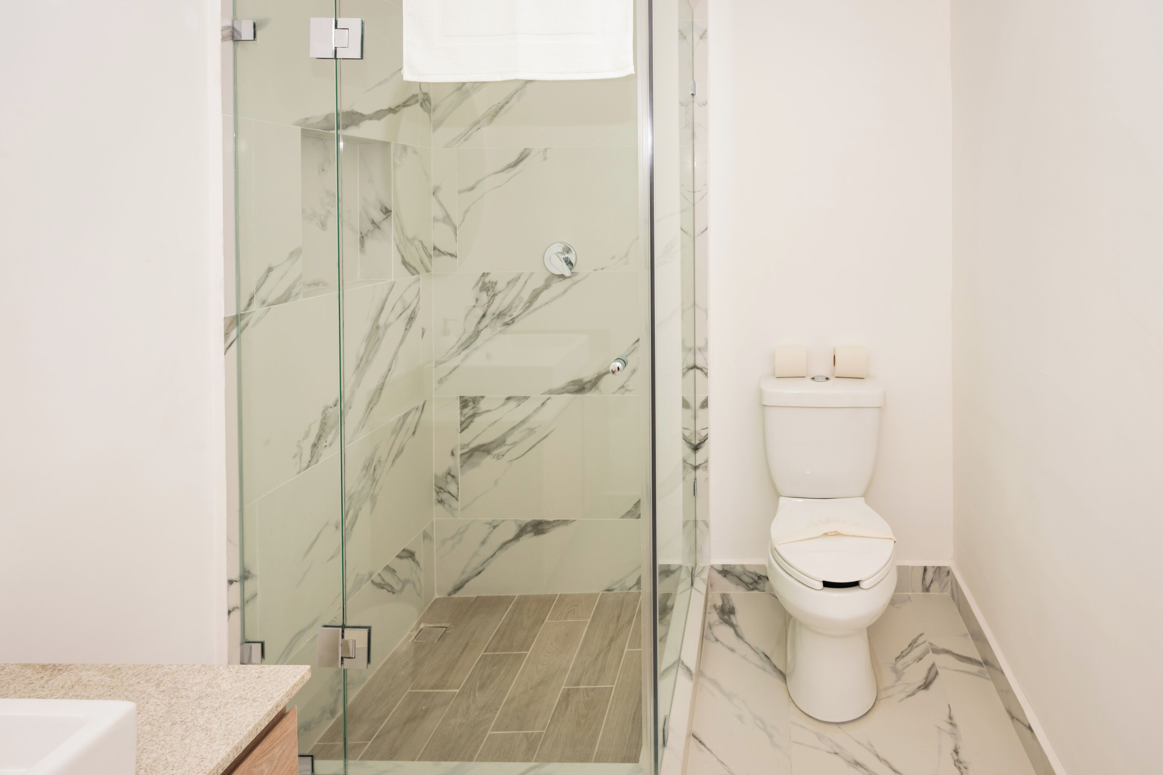 A bathroom with a glass-enclosed shower, a toilet, and a sink.