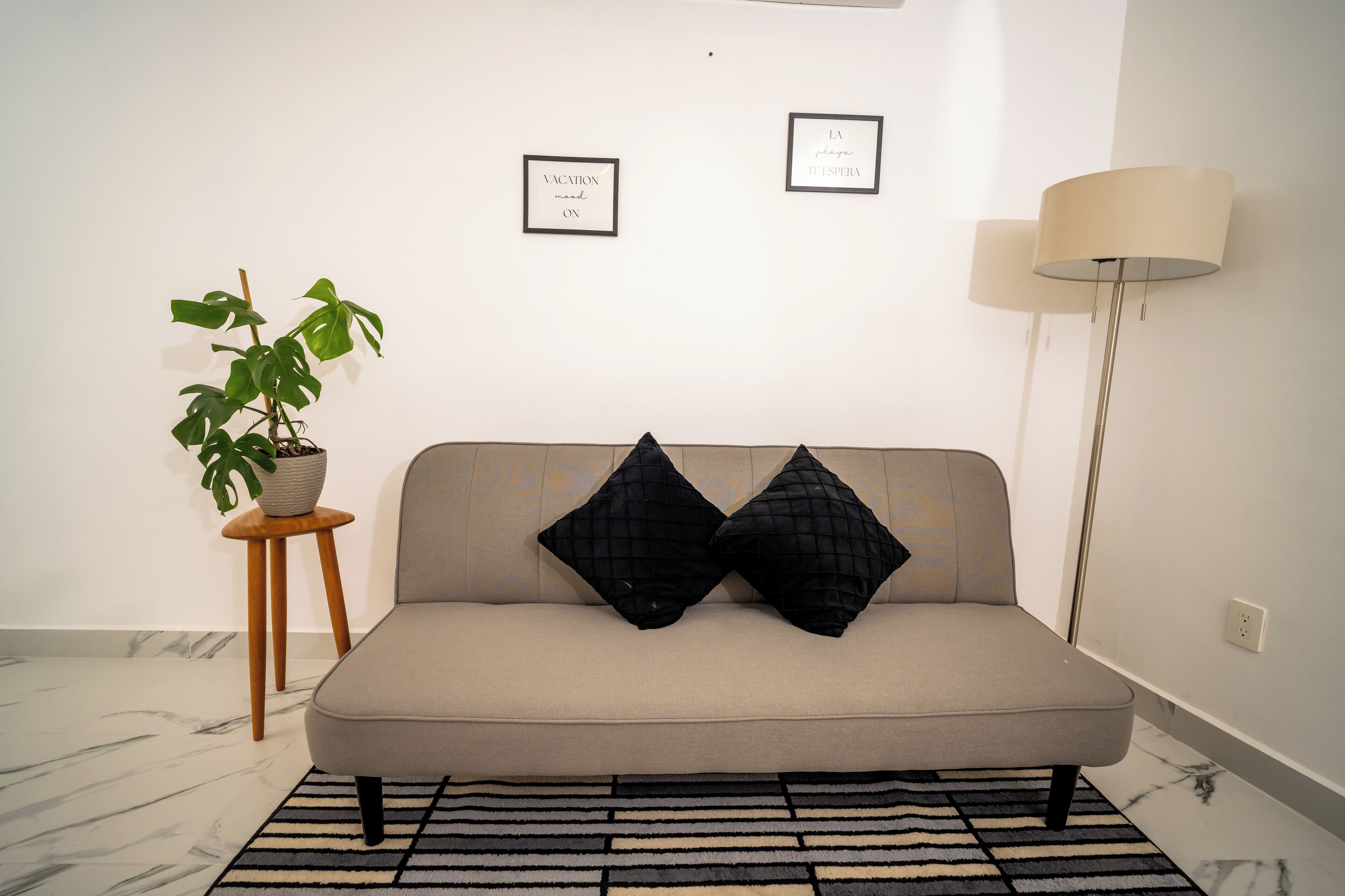 A neutral-toned sofa with two black cushions, a small wooden stool with a potted plant, and a floor lamp.
