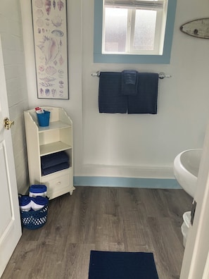 Hair dryer, towels, soap, toilet paper