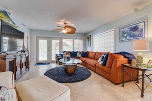 TV connectée, cheminée, livres, médiathèque