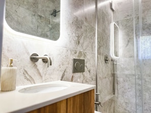 Shower, hair dryer, bidet, towels