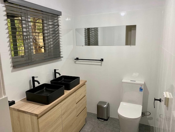 Shower, towels, soap, toilet paper