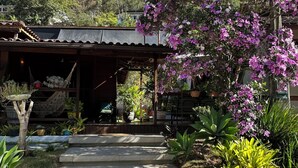 A house with a porch, steps leading to the entrance, and a garden with various plants and a flowering tree. - Pousada Dulce Ville (Domingos Martins)