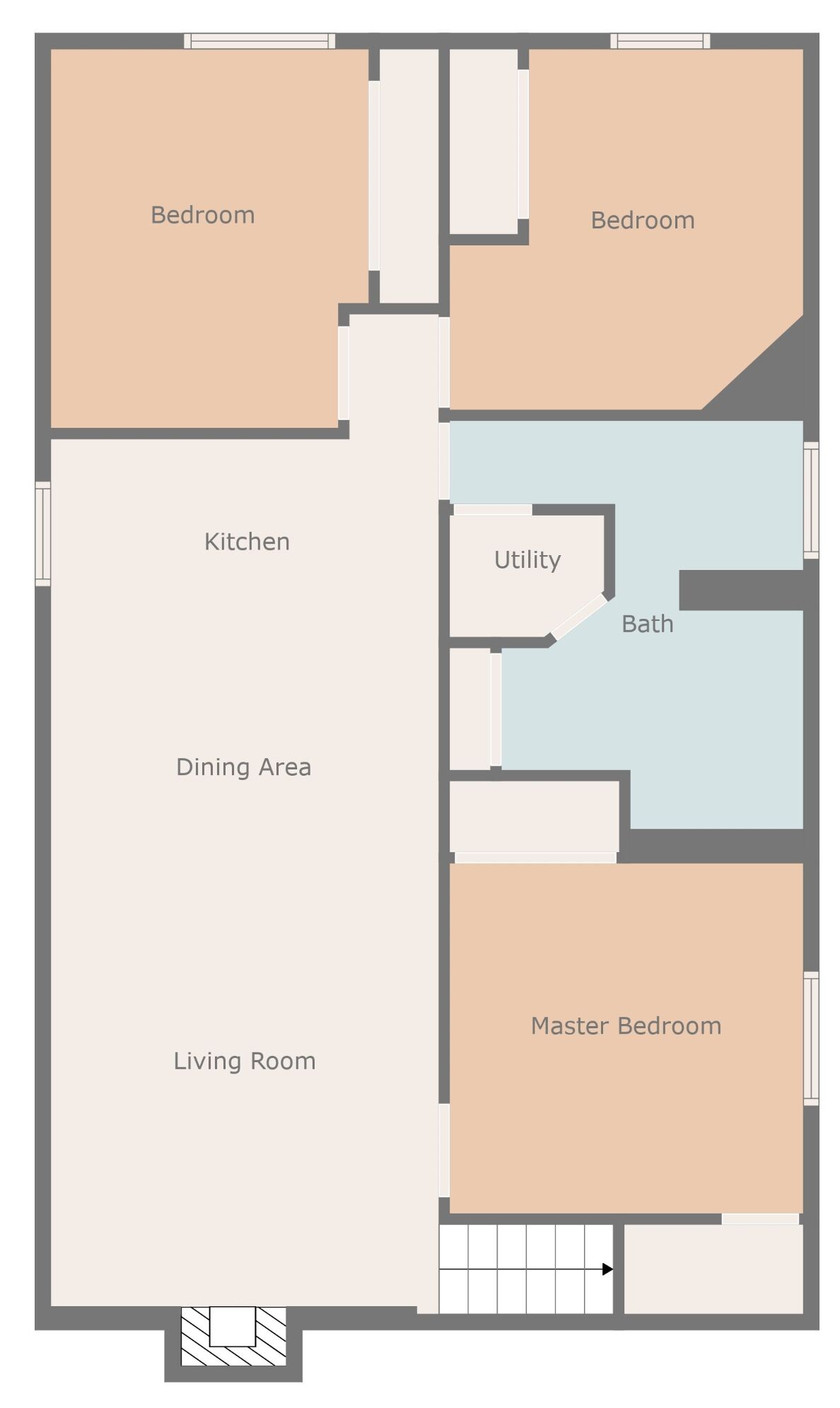 A floor plan with two bedrooms, a kitchen, dining area, living room, master bedroom, and a utility room.