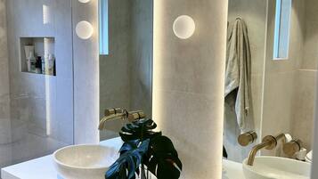 Hair dryer, towels, soap, toilet paper