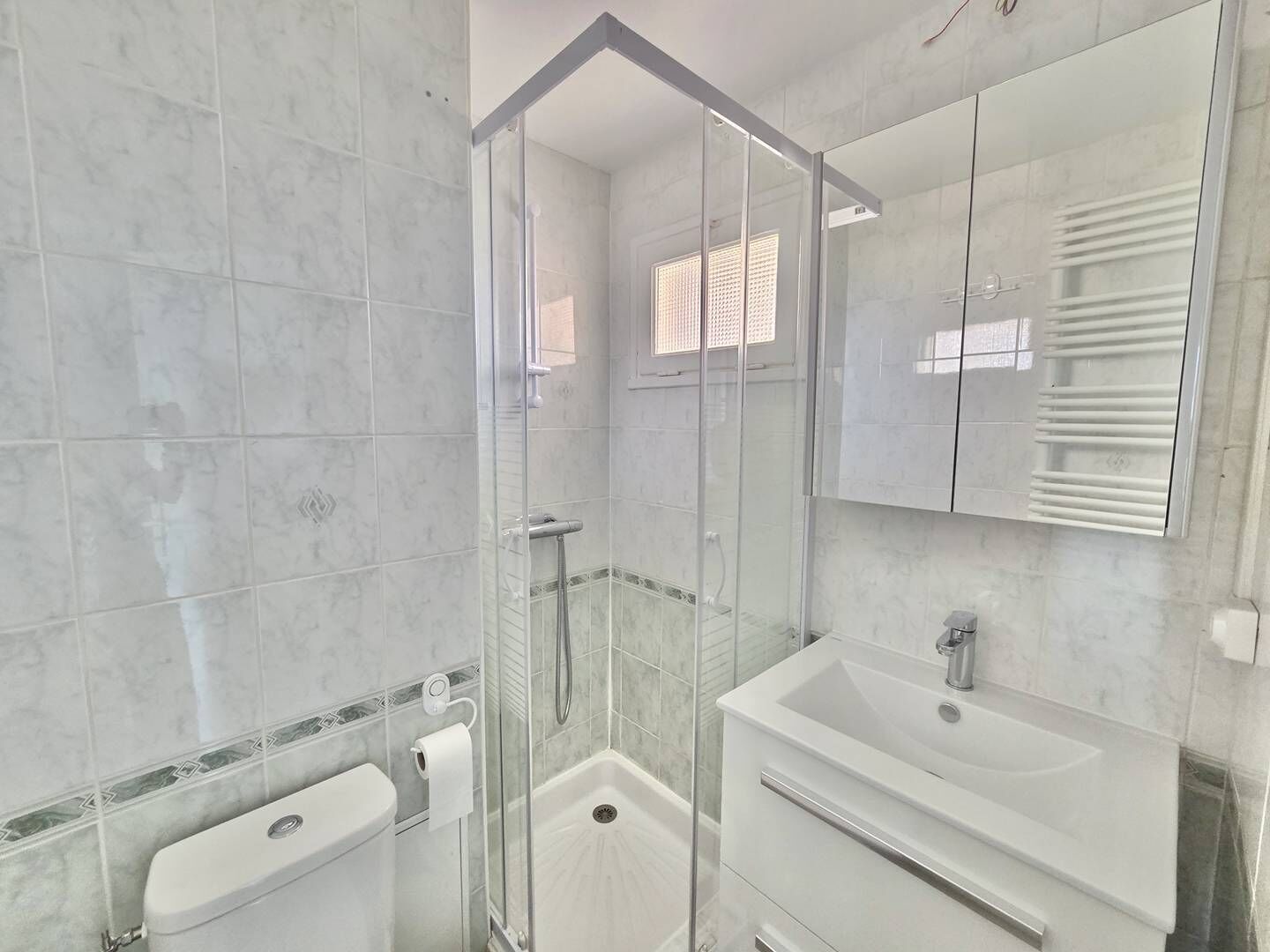 A modern bathroom with a glass-enclosed shower, a toilet, a sink, and a mirror.