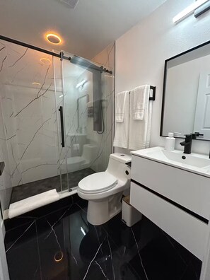 Shower, hair dryer, towels, soap