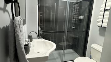 Shower, hair dryer, towels, soap