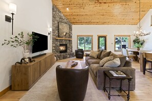 Smart TV, fireplace, books