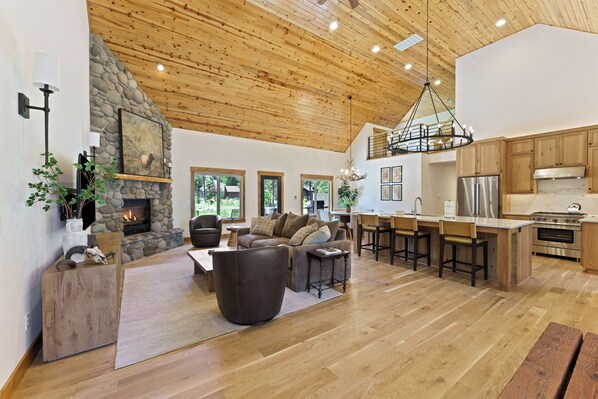 Smart TV, fireplace, books