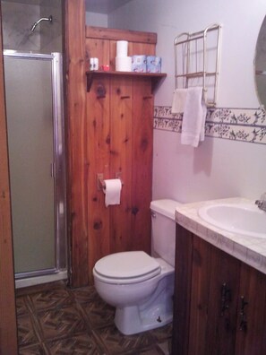 Regadera, toallas, jabón, papel de baño 