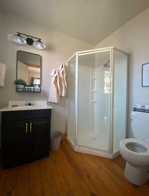 Shower, towels, soap, toilet paper