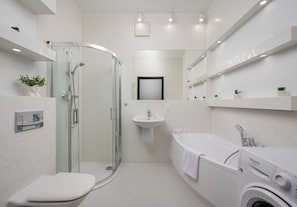 Shower, hair dryer, towels