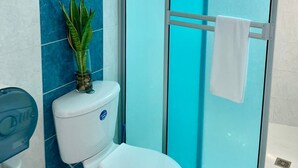 Et badeværelse med toilet, glasvæg til bruseniche og en potteplante.